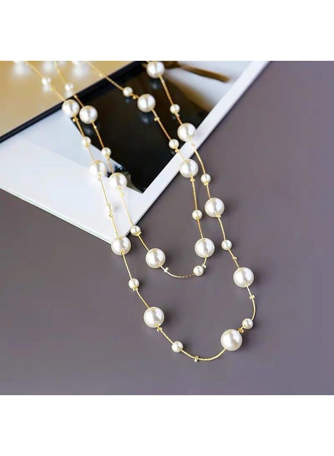Cykdohy Pearl Layered Strand Necklaces for Women Dainty Fashion Long Imitation Pearls Beads Multiple Strands Chain Layer Choker Necklace Elegant Statement Charm Winter Sweater Vintage Wedding Party Costume - Image 3