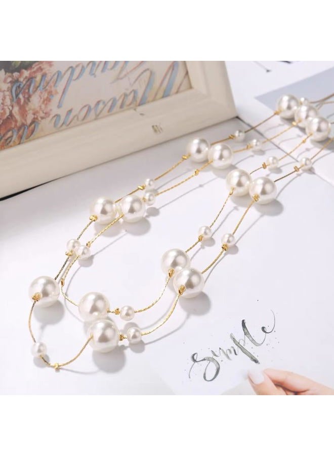Cykdohy Pearl Layered Strand Necklaces for Women Dainty Fashion Long Imitation Pearls Beads Multiple Strands Chain Layer Choker Necklace Elegant Statement Charm Winter Sweater Vintage Wedding Party Costume - Image 2