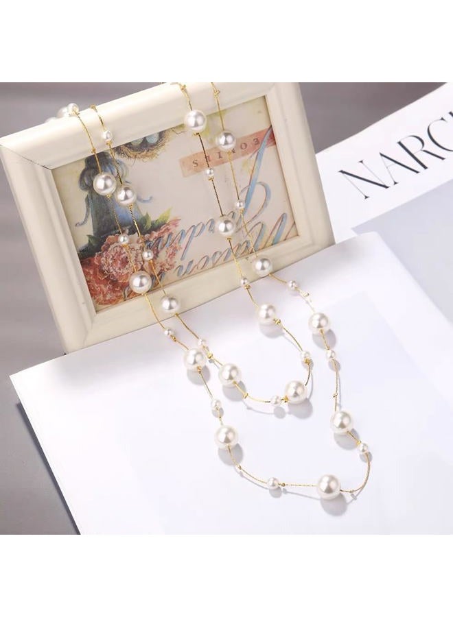 Cykdohy Pearl Layered Strand Necklaces for Women Dainty Fashion Long Imitation Pearls Beads Multiple Strands Chain Layer Choker Necklace Elegant Statement Charm Winter Sweater Vintage Wedding Party Costume - Image 4