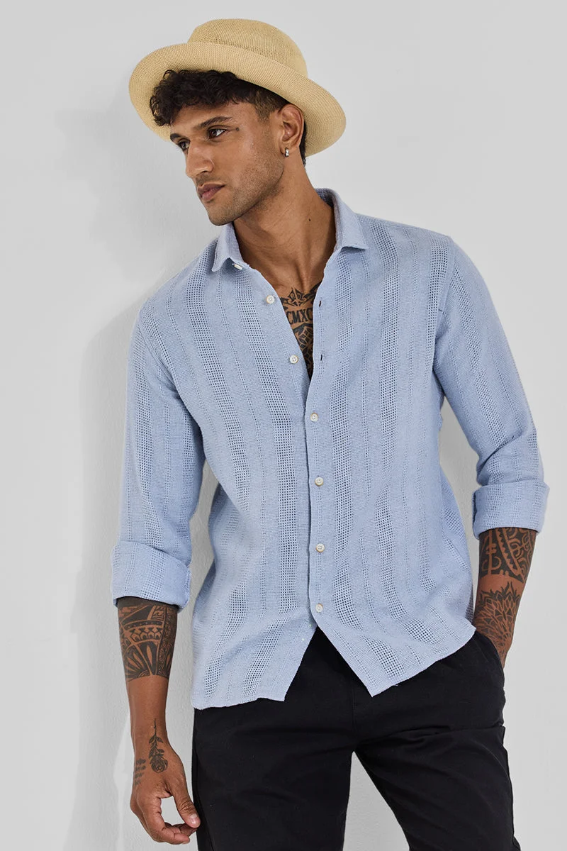 SNITCH Light Blue Textured Long Sleeve Slim Fit Casual Shirt