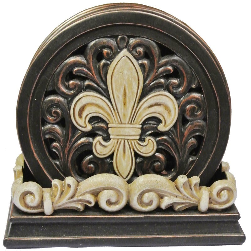 LL Home FleurDeLis Carved Scrolls 4 Coaster Set