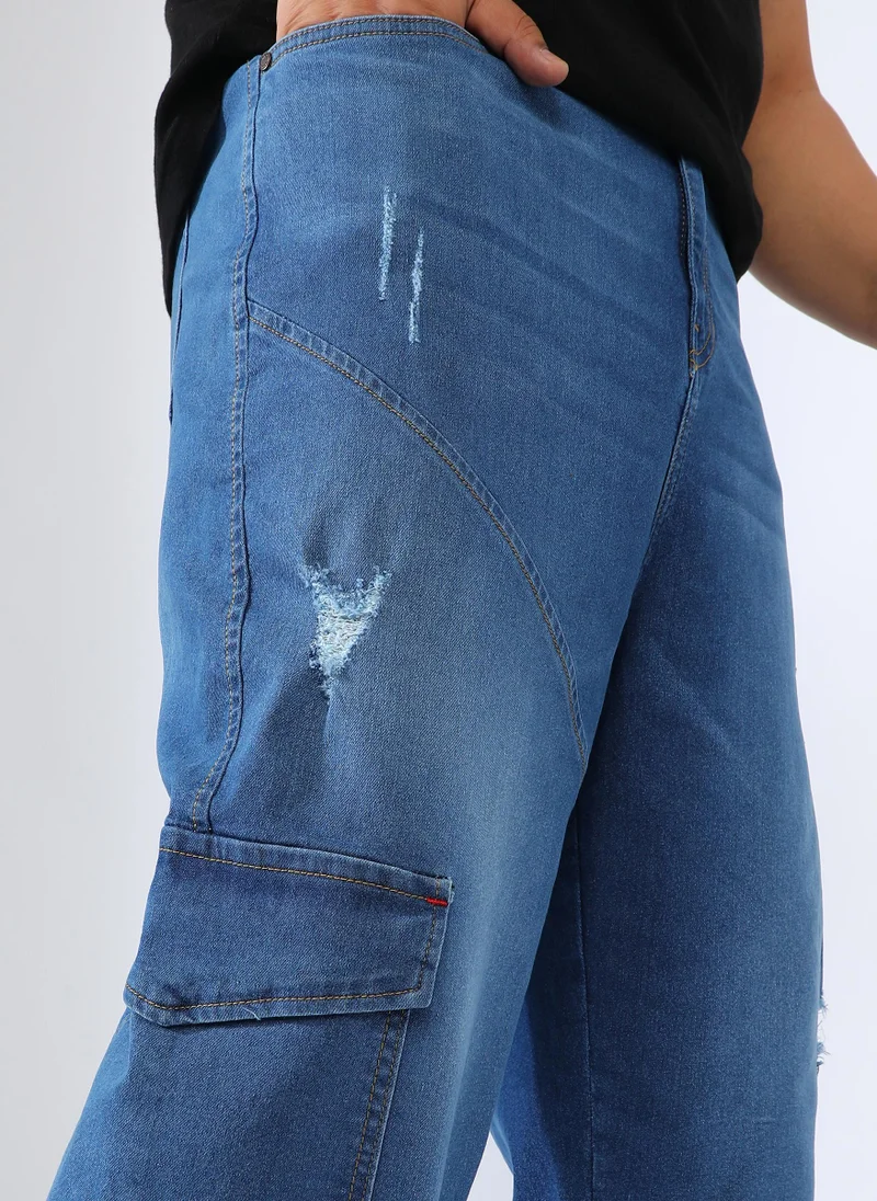 Instafab Plus Men's Light Blue Asymmetrical Stitch Denim Jeans