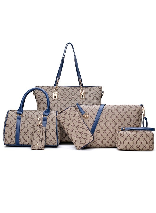 HALAMODO 6-Piece PU Women High-Capacity Bag Lattice Texture Handbag Set Blue/White/Grey  - Image 1