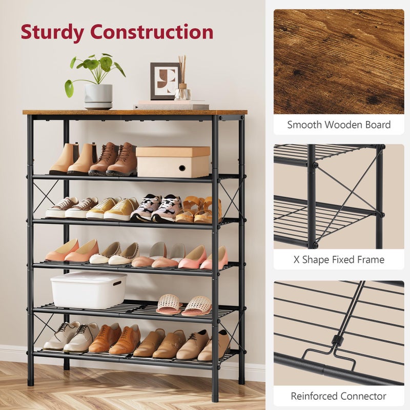 Tajsoon 6 Tier Free Standing Shoe Rack for 20-24 Pairs, X Shape Fixed Frame Metal Mesh Shoe Rack for Closet, Rustic Brown & Black - Image 4
