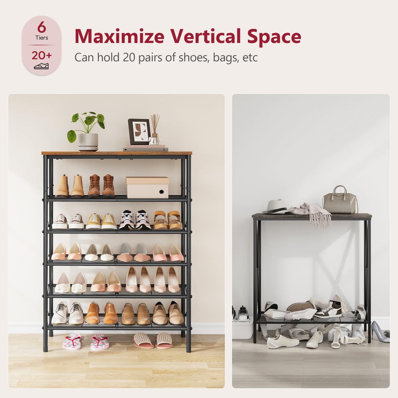 Tajsoon 6 Tier Free Standing Shoe Rack for 20-24 Pairs, X Shape Fixed Frame Metal Mesh Shoe Rack for Closet, Rustic Brown & Black - Image 3