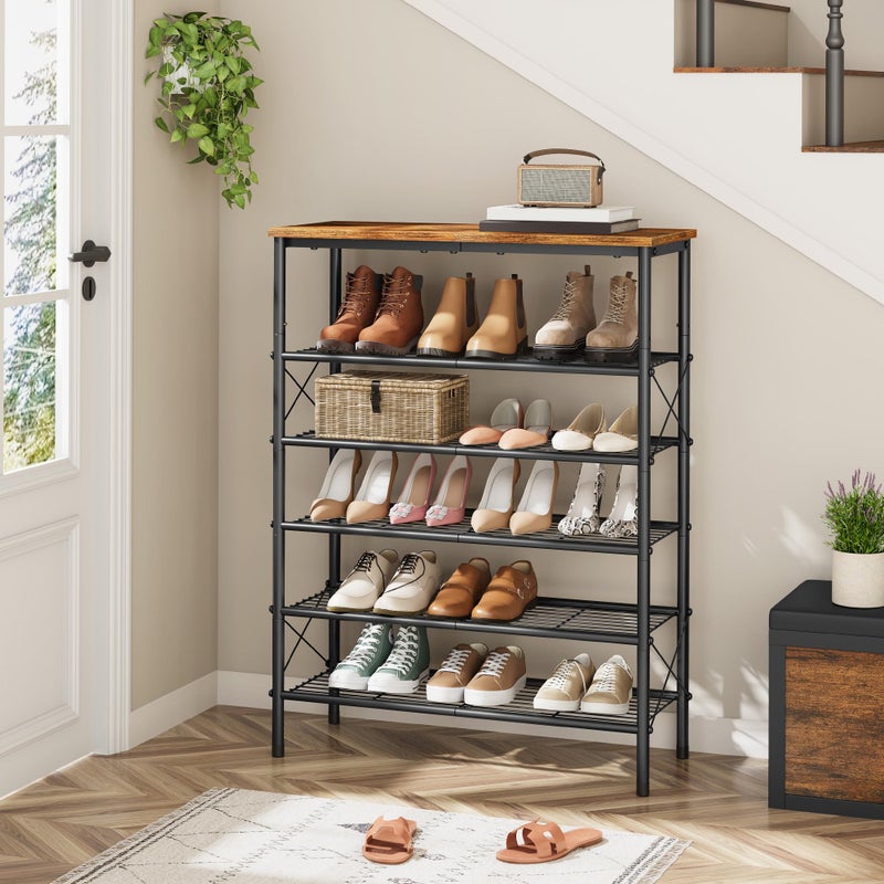 Tajsoon 6 Tier Free Standing Shoe Rack for 20-24 Pairs, X Shape Fixed Frame Metal Mesh Shoe Rack for Closet, Rustic Brown & Black - Image 5
