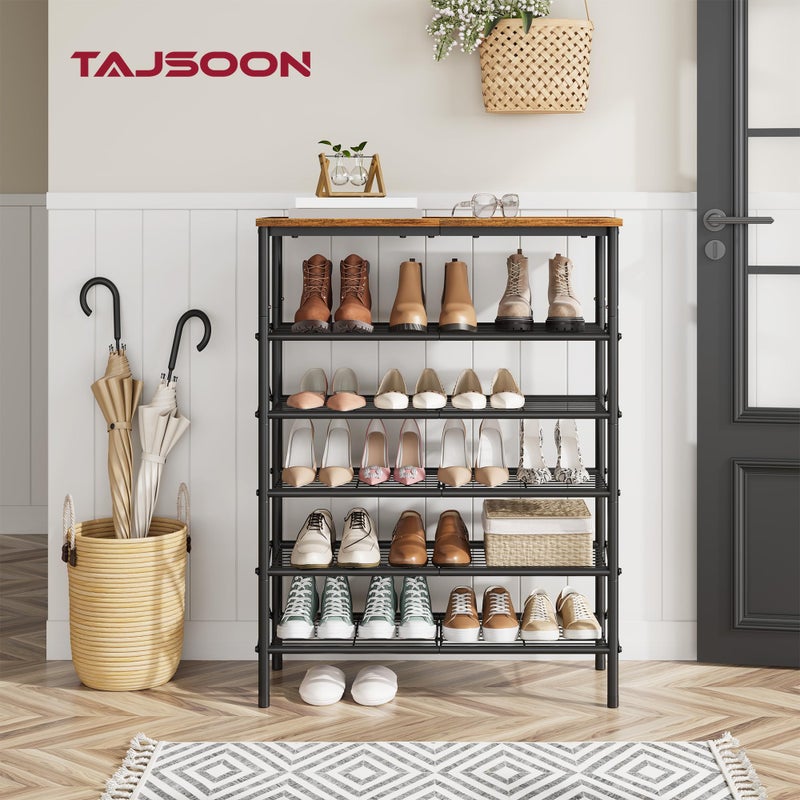Tajsoon 6 Tier Free Standing Shoe Rack for 20-24 Pairs, X Shape Fixed Frame Metal Mesh Shoe Rack for Closet, Rustic Brown & Black - Image 2