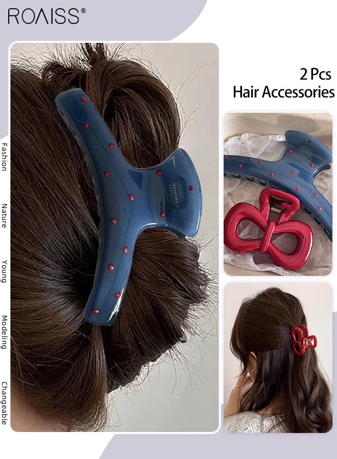 رويس 2 قطعة من مشابك الشعر الملونة، مشابك شعر زرقاء بنقاط عشوائية، مشابك شعر حمراء على شكل فيونكة، مناسبة لذيل الحصان، الضفائر العالية، إكسسوارات يومية متعددة الاستخدامات - Image 1