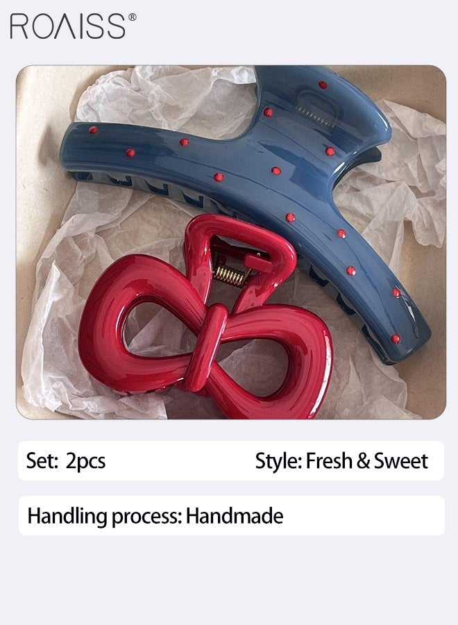 رويس 2 قطعة من مشابك الشعر الملونة، مشابك شعر زرقاء بنقاط عشوائية، مشابك شعر حمراء على شكل فيونكة، مناسبة لذيل الحصان، الضفائر العالية، إكسسوارات يومية متعددة الاستخدامات - Image 2