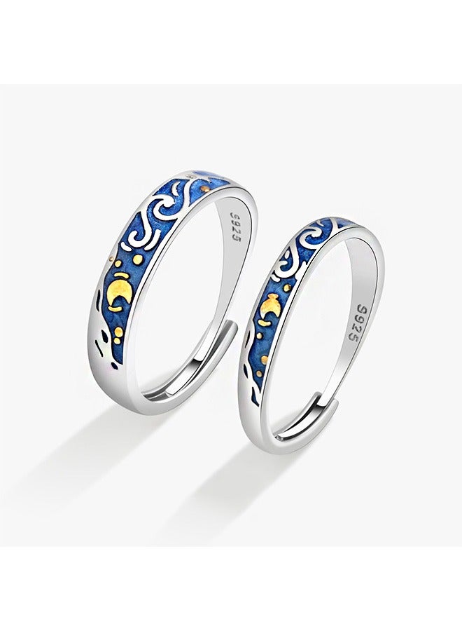 بيوند خاتم فان جوخ المليء بالنجوم، خاتم تيتانيوم مضاد للبهتان، يعمل على استقرار حالتك المزاجية وزيادة حظك (أزرق + فضي) - Image 3