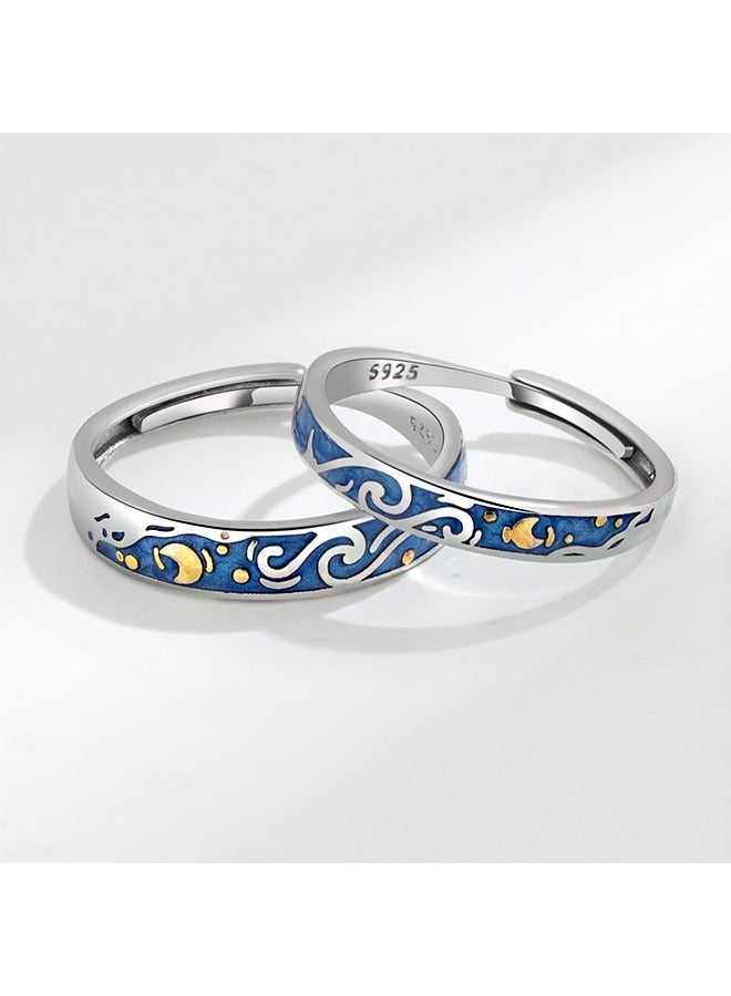 بيوند خاتم فان جوخ المليء بالنجوم، خاتم تيتانيوم مضاد للبهتان، يعمل على استقرار حالتك المزاجية وزيادة حظك (أزرق + فضي) - Image 4