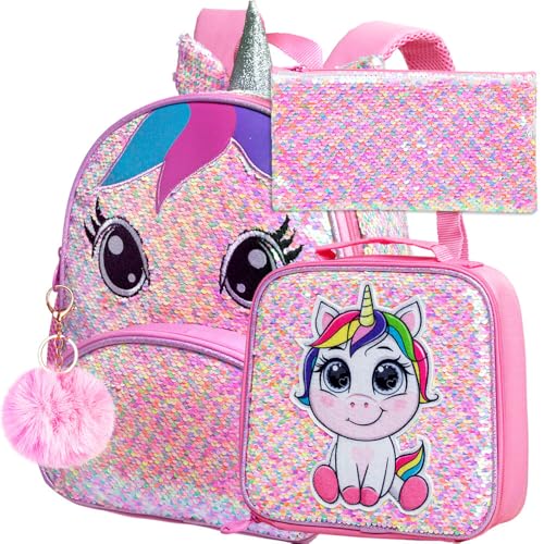 gxtvo 3PCS Unicorn Backpack for Girls, Toddler Sequin Preschool Bookbag, 12.5" Cute Cartoon Animal Schoolbag - Image 1