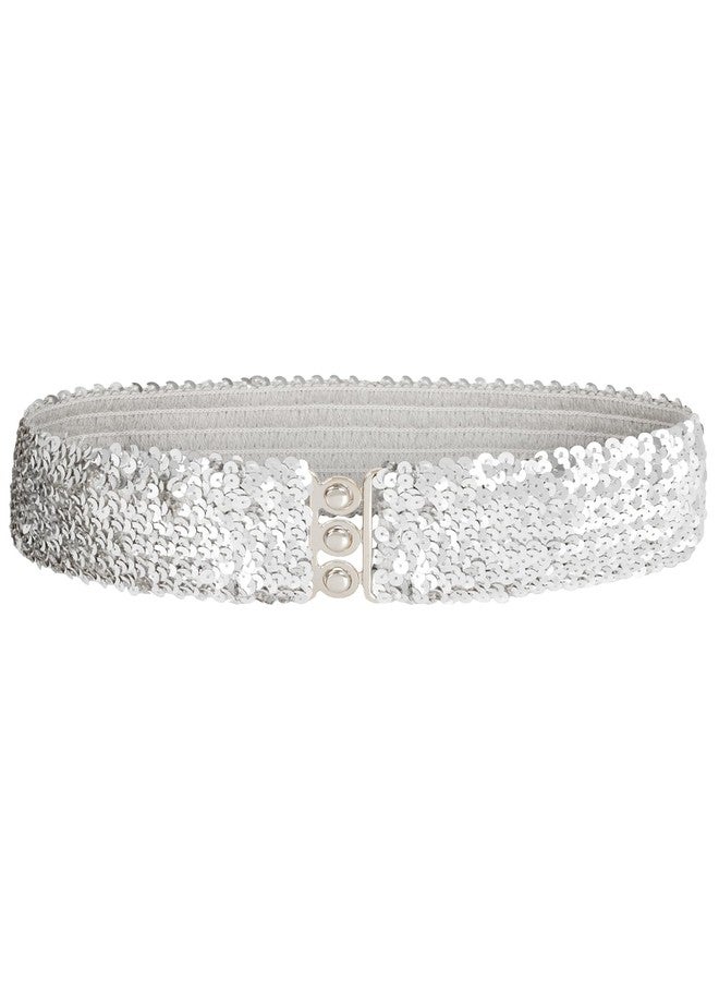 Anna-Kaci Women's Glitter Sequin Belts Stretchy Sparkly Cinch Belt Disco Party Costume Elastic Waist Accessory, Sliver, 30" - Image 1