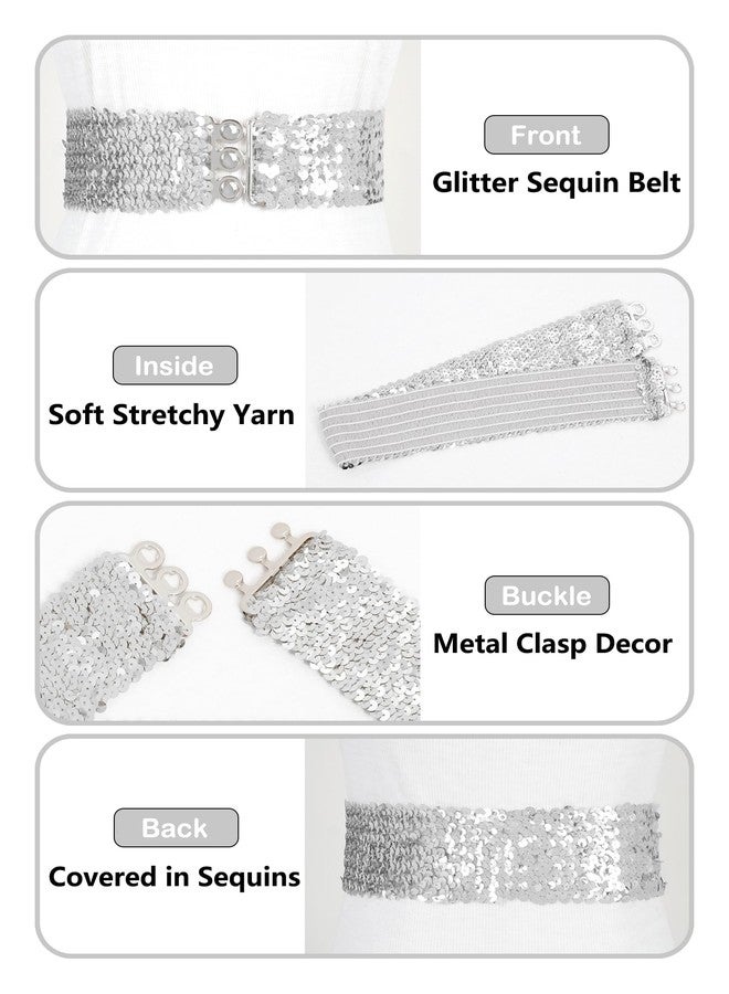 Anna-Kaci Women's Glitter Sequin Belts Stretchy Sparkly Cinch Belt Disco Party Costume Elastic Waist Accessory, Sliver, 30" - Image 2