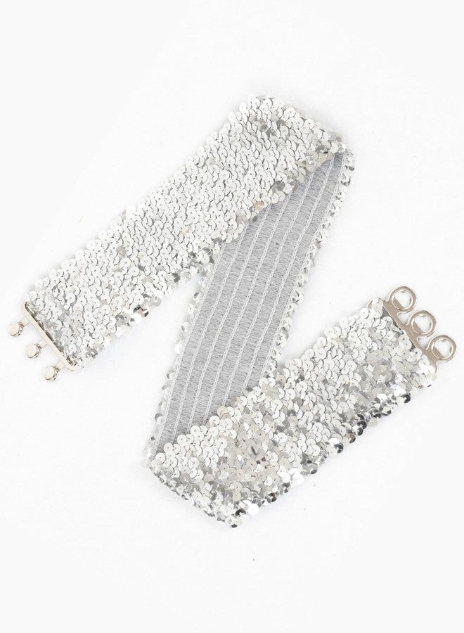 Anna-Kaci Women's Glitter Sequin Belts Stretchy Sparkly Cinch Belt Disco Party Costume Elastic Waist Accessory, Sliver, 30" - Image 3
