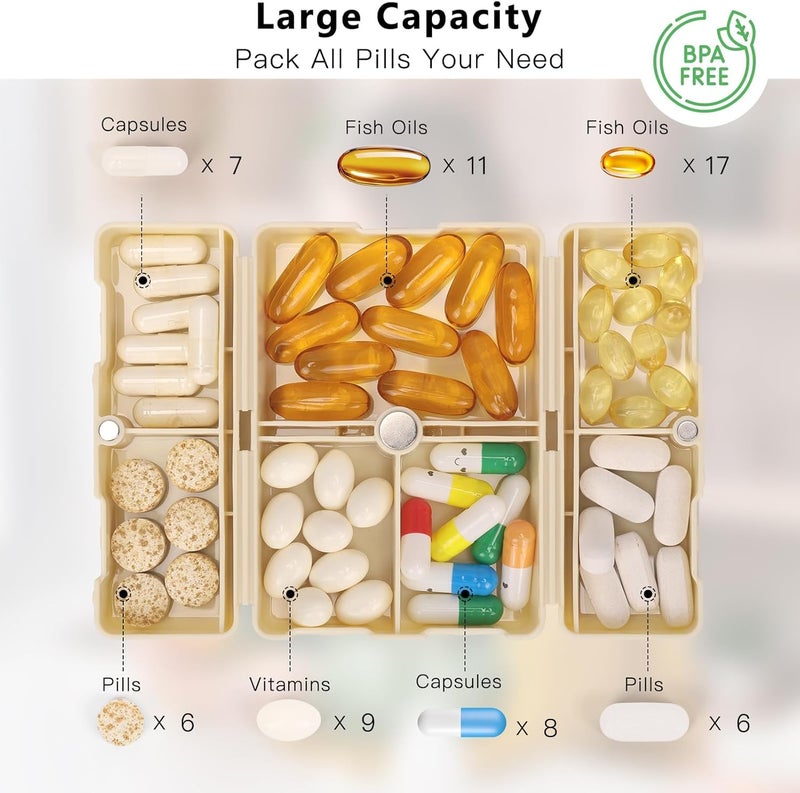 Prplet Tablets Pill Medicine Organizer Box – 7 Compartment Daily Storage Case for Vitamins, Supplements, Medication – Compact Travel Pill Container (Beige) - Image 2
