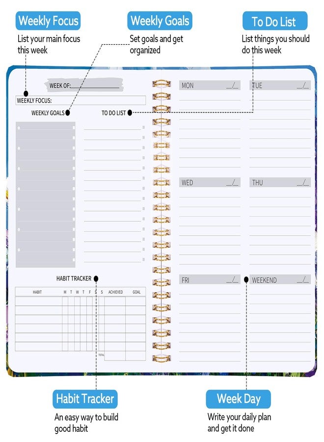 مخطط أسبوعي غير مؤرخ، دفتر ملاحظات A5 لقائمة المهام الأسبوعية مع متتبع العادات، دفتر تخطيط أسبوعي حلزوني مع ملصقات، لوازم منزلية وواجبات مدرسية، زهرة أرجوانية - Image 2