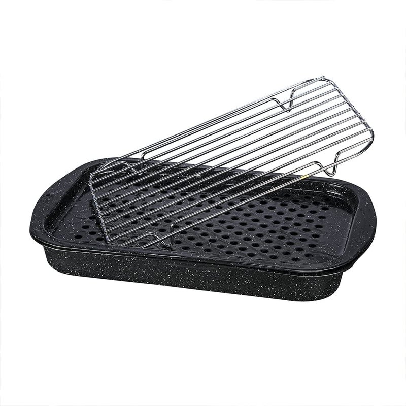 Granite Ware 3 piece multiuse set. Enameled steel bake, broiler pan, and grill with rack. Versatile for oven and direct fire cooking. Resists up to 932Â°F.