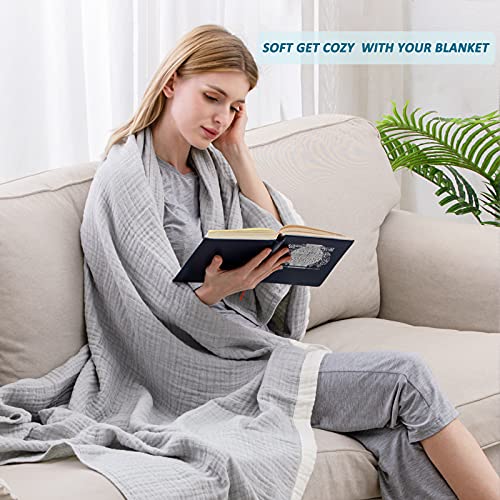 SE SOFTEXLY Cotton Muslin Throw Blanket for Adults,Breathable 4-Layer Yarn Dyed Linen Texture Gauze Blanket for Bed Sofa Couch,Super Soft Lightweight Twin Size Blanket for All Season（60"x80",Grey） - Image 4