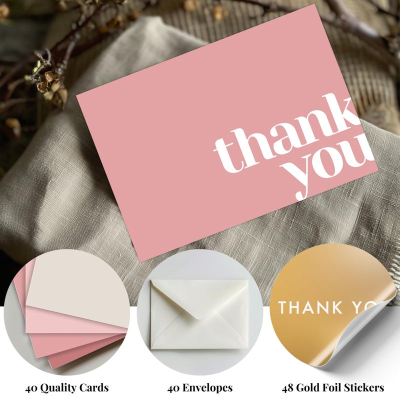 Paper Play Thank You Cards Bulk Pack of 40 Pink, 5x3.5 Inches with Matching Stickers & Envelopes, Minimalistic Design Suitable for Business, Baby Shower, Wedding, Small Business, Graduation, Funeral - Image 2