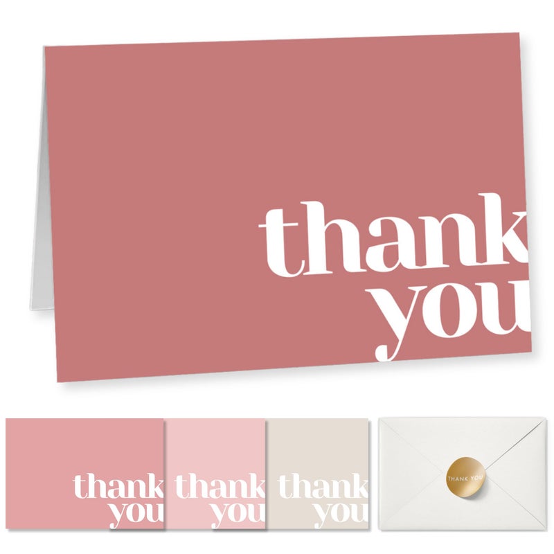 Paper Play Thank You Cards Bulk Pack of 40 Pink, 5x3.5 Inches with Matching Stickers & Envelopes, Minimalistic Design Suitable for Business, Baby Shower, Wedding, Small Business, Graduation, Funeral - Image 1