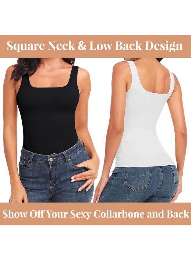 EUYZOU Women's Tummy Control Shapewear Tank Tops Seamless Square Neck Compression Tops Slimming Body Shaper Camisole, Black/White/Coffee 3pk, L - Image 5