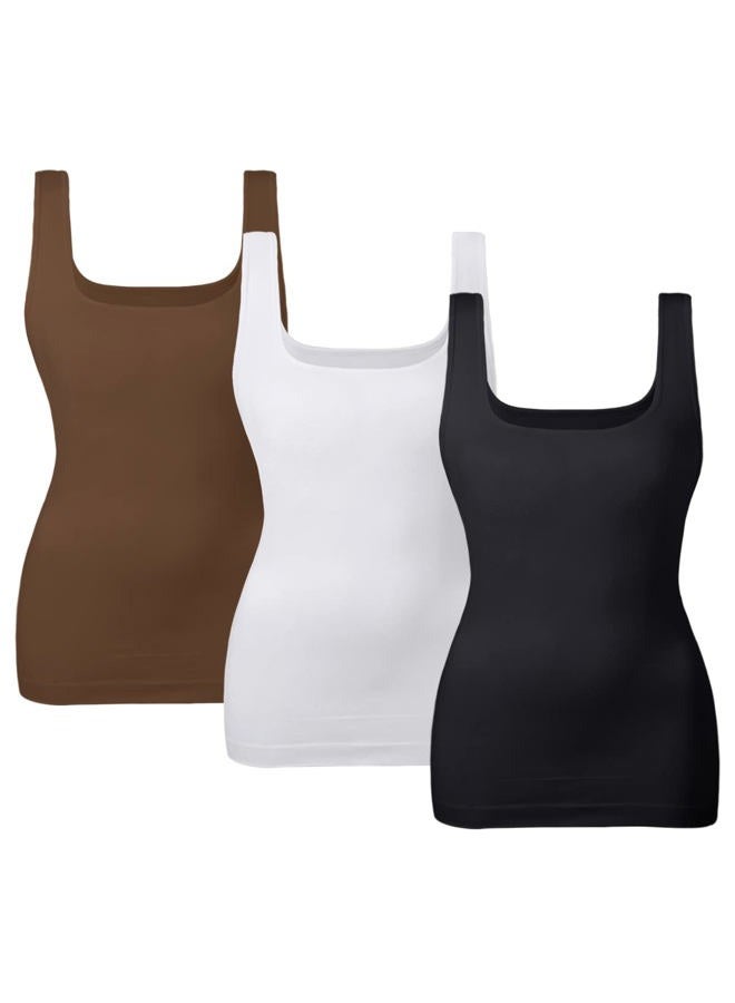 EUYZOU Women's Tummy Control Shapewear Tank Tops Seamless Square Neck Compression Tops Slimming Body Shaper Camisole, Black/White/Coffee 3pk, L - Image 1