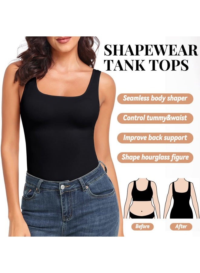 EUYZOU Women's Tummy Control Shapewear Tank Tops Seamless Square Neck Compression Tops Slimming Body Shaper Camisole, Black/White/Coffee 3pk, L - Image 2