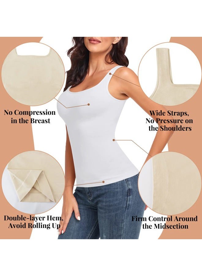EUYZOU Women's Tummy Control Shapewear Tank Tops Seamless Square Neck Compression Tops Slimming Body Shaper Camisole, Black/White/Coffee 3pk, L - Image 4