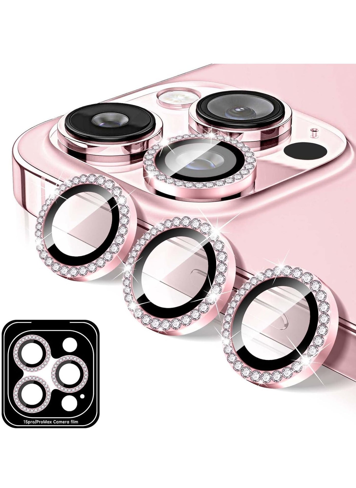 "Pink Diamond Camera Lens Protector for iPhone 16 Pro/16 Pro Max – Bling Tempered Glass Cover with Automatic Alignment Metal Rings and Glitter Film Stickers"