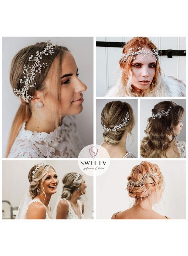 SWEETV Crystal Bridal Headpieces for Brides Silver Wedding Hair Accessories Bride Headband Pearl Hair Vine Rhinestone Hair Pieces for Women - Image 4