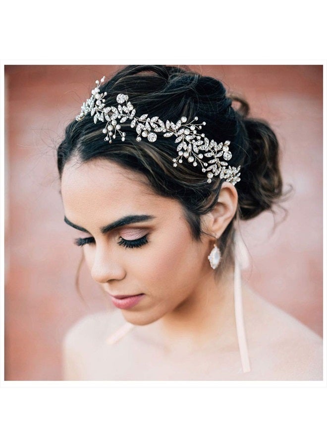 SWEETV Crystal Bridal Headpieces for Brides Silver Wedding Hair Accessories Bride Headband Pearl Hair Vine Rhinestone Hair Pieces for Women - Image 1