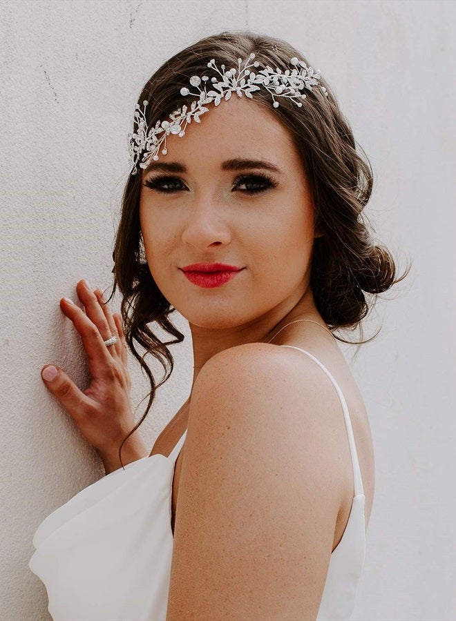 SWEETV Crystal Bridal Headpieces for Brides Silver Wedding Hair Accessories Bride Headband Pearl Hair Vine Rhinestone Hair Pieces for Women - Image 3