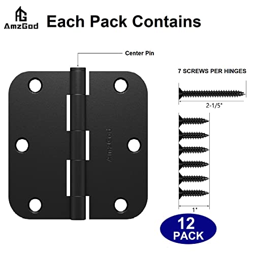 AmzGod Door Hinges Matte Black - 12 Pack Black Door Hinges 3.5 Inch Rounded Interior Door Hinge with 5/8" Radius Corners - Black Hinges for Doors 3 1/2 Inches Flat Iron Residential Door Hardware - Image 3