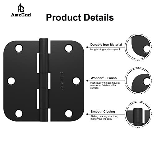 AmzGod Door Hinges Matte Black - 12 Pack Black Door Hinges 3.5 Inch Rounded Interior Door Hinge with 5/8" Radius Corners - Black Hinges for Doors 3 1/2 Inches Flat Iron Residential Door Hardware - Image 4