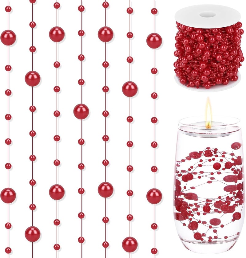 SUREAM 98 Feet Roll Pearls Beads, Red Pearl Strands for Christmas, Pearl Trim for Decor, Pearl Beads for Vase Filler, Centerpieces Decoration, DIY Crafts, Floating Candles - Image 1