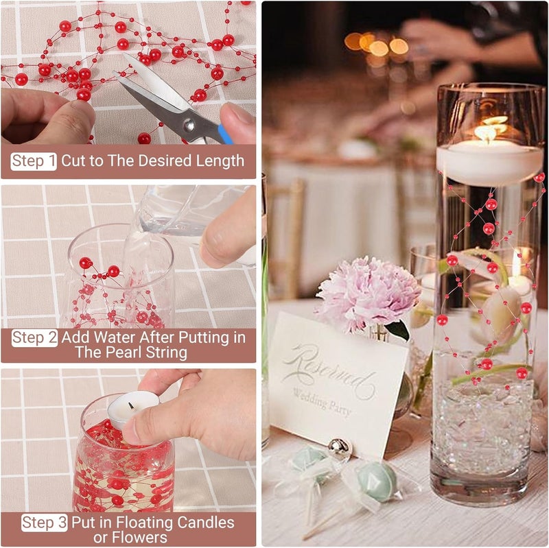 SUREAM 98 Feet Roll Pearls Beads, Red Pearl Strands for Christmas, Pearl Trim for Decor, Pearl Beads for Vase Filler, Centerpieces Decoration, DIY Crafts, Floating Candles - Image 3