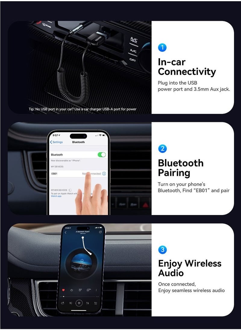 ESSAGER - Aux Bluetooth Adapter for Car,Essager Noise Cancelling Bluetooth 5.0 Receiver,Lossless Music USB to 3.5mm Jack Audio Adapter with Built-in Microphone for Car Kits/Home Stereo/Handsfree Call Speaker - Image 1