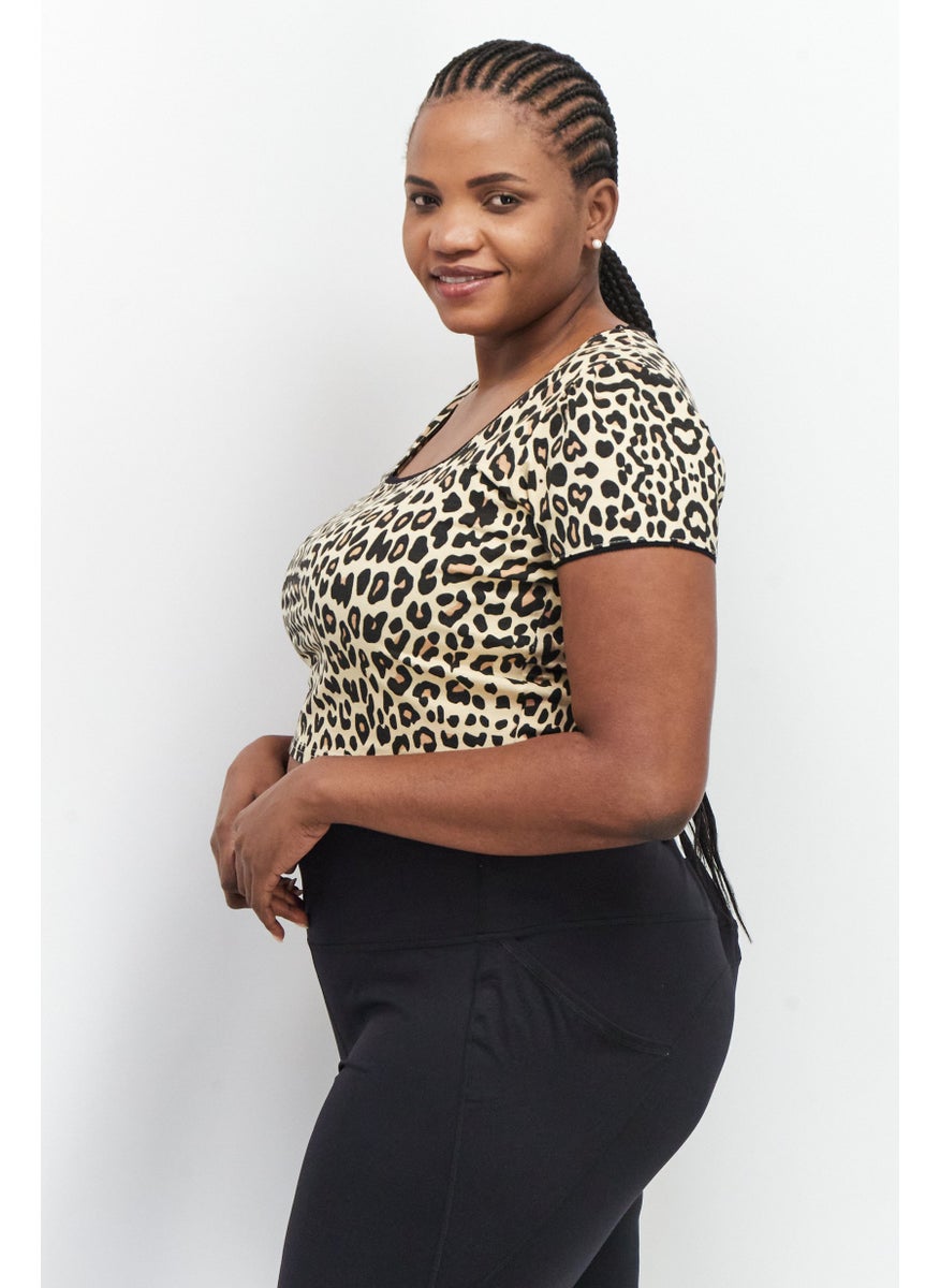Daisy Street - Women Square Neck Short Sleeve Animal Print Crop Top, Cream Combo - Image 1