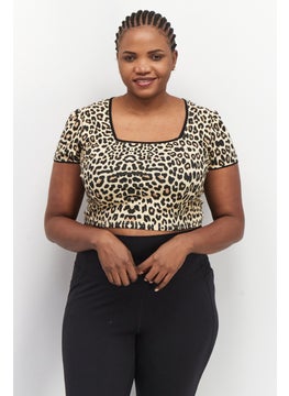 Women Square Neck Short Sleeve Animal Print Crop Top, Cream Combo