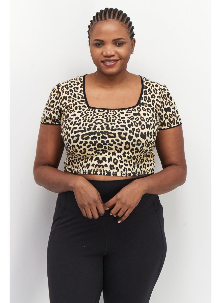 Daisy Street - Women Square Neck Short Sleeve Animal Print Crop Top, Cream Combo - Image 1