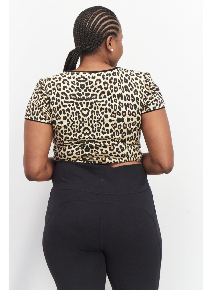 Daisy Street - Women Square Neck Short Sleeve Animal Print Crop Top, Cream Combo - Image 1