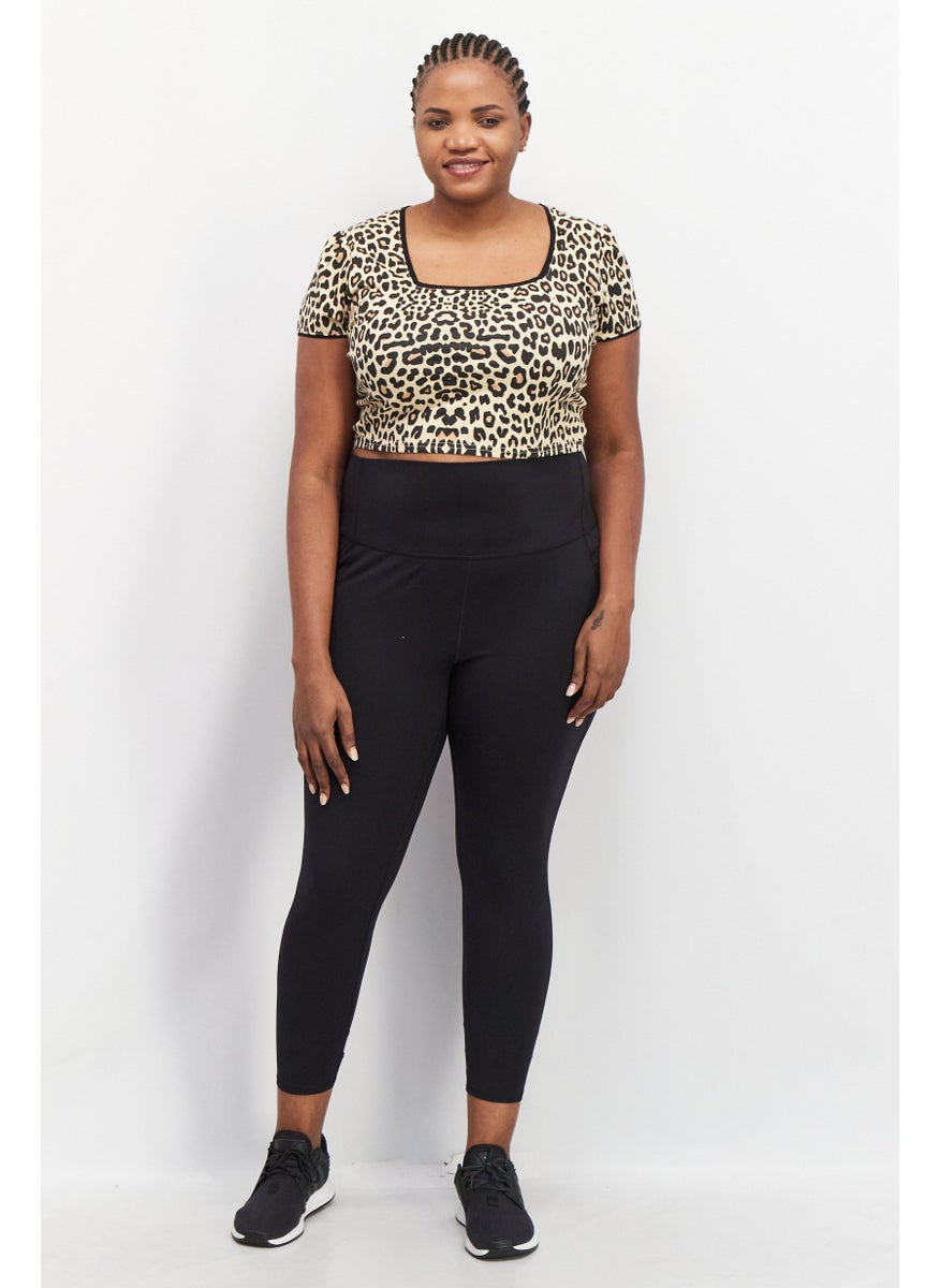 Daisy Street - Women Square Neck Short Sleeve Animal Print Crop Top, Cream Combo - Image 1