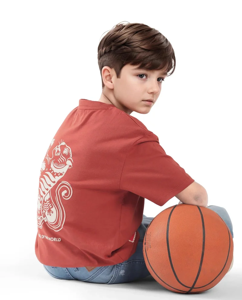 Rare Ones Rare Ones Kids Tiy Rust Cotton Graphic Print Slip-On Oversized Fit T-Shirt