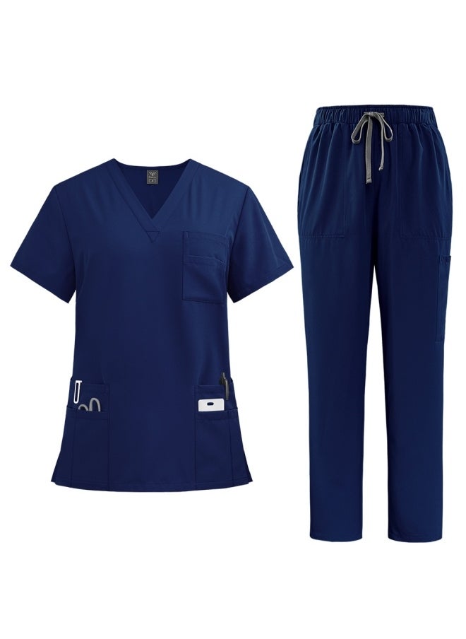 NiaaHinn Womens Men Medical Scrubs Set Unisex Scrub Top and Scrub Pant Set Medical Uniform Scrubs Medical Uniform Set (Navy Blue)  - Image 1