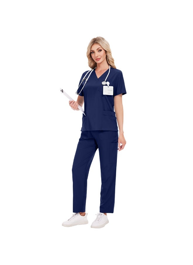 NiaaHinn Womens Men Medical Scrubs Set Unisex Scrub Top and Scrub Pant Set Medical Uniform Scrubs Medical Uniform Set (Navy Blue)  - Image 3