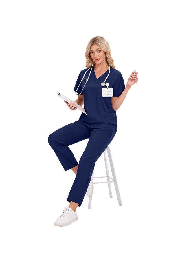 NiaaHinn Womens Men Medical Scrubs Set Unisex Scrub Top and Scrub Pant Set Medical Uniform Scrubs Medical Uniform Set (Navy Blue)  - Image 4