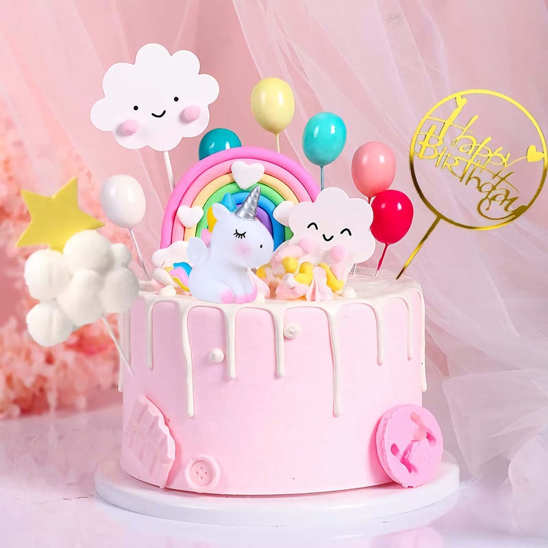 Qoadwem Unicorn Cake Topper Qoadwem 15pcs Unicorn Rainbow Cake Toppers For Girls with Rainbow Heart Unicorn Cloud Balloon Happy Birthday Cake Decorations For Boys Girls Kids Birthday - Image 2