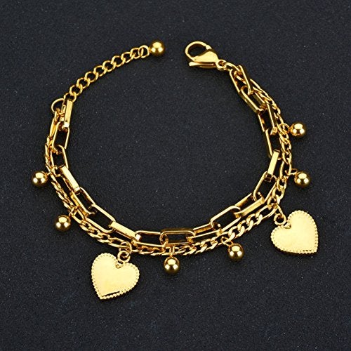 LUREME 18K Gold Stainless Steel Multi Chains Bracelet with Ball and Heart Charms for Women (bl003259) - Image 3