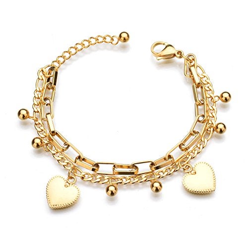 LUREME 18K Gold Stainless Steel Multi Chains Bracelet with Ball and Heart Charms for Women (bl003259) - Image 5